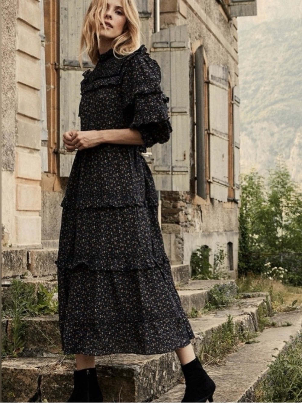 Doen Clay Dress in Black Mafia Maxi 3/4 Puff Sleeves Floral Print Tiered Ruffle - Picture 2 of 10